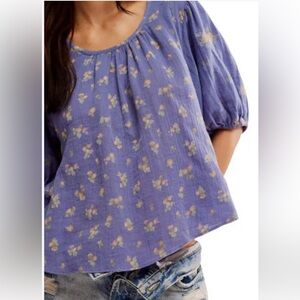 Free People $128 Chloe Mixed Print Back Cutout Top Sz S Indigo Combo NWOUTAG